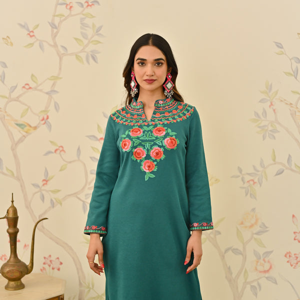 Teal Woollen Aari Embroidered Floral Kurta with Band Collar