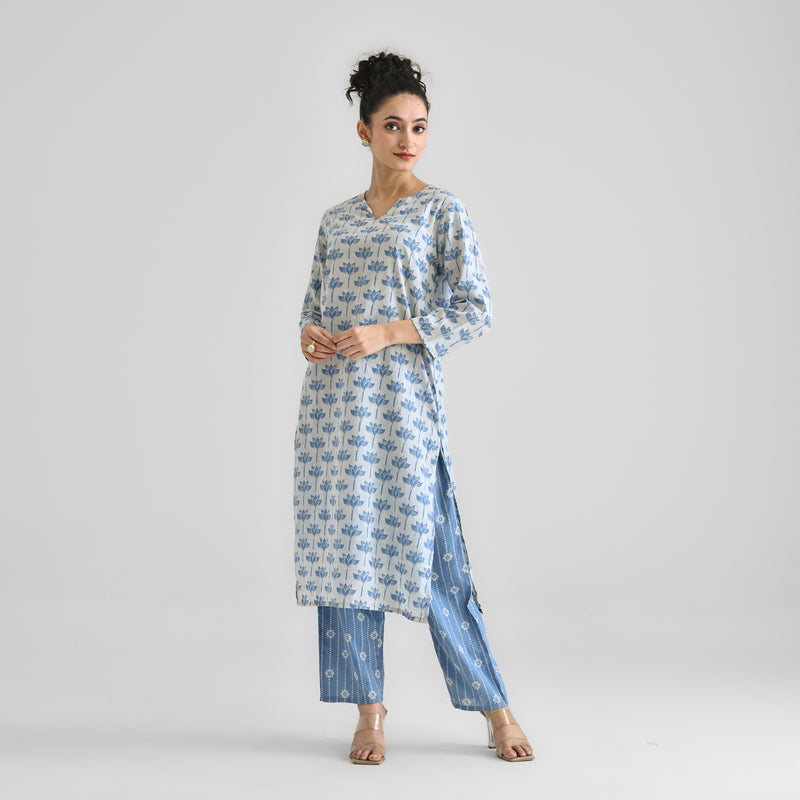 Light Blue Lotus Dabu Inspired Cotton Co-ord Set with Notch Neckline