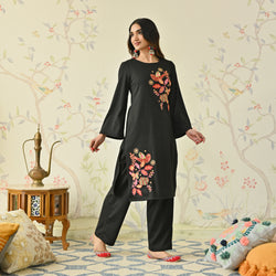 Black Woollen Aari embroidered Floral Kurta Pant Set with Flared Sleeves