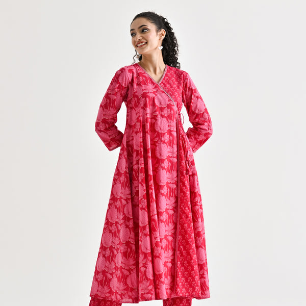 Red Floral Angarakha Cotton Kurta with Embroidered Neckline