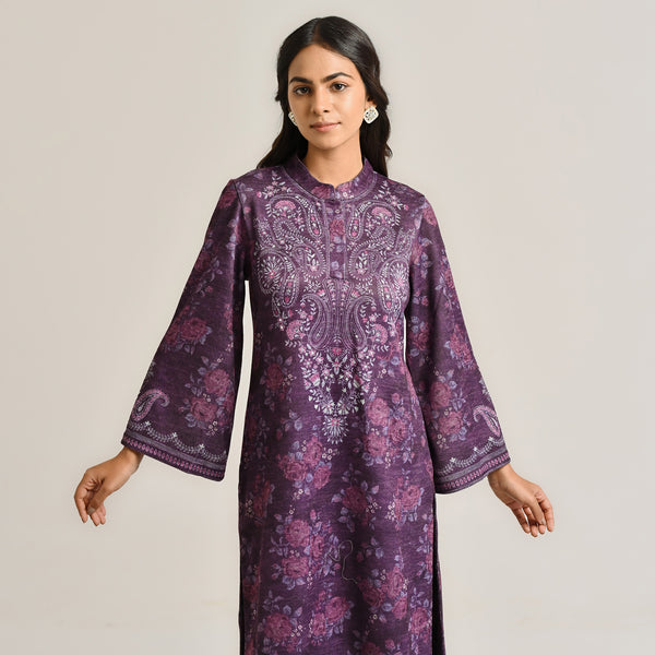 Violet Kashmiri Inspired Woollen Kurta with Embroidery Detail