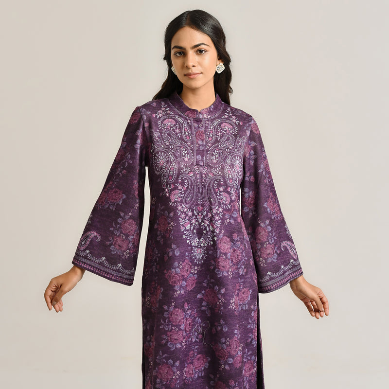 Violet Kashmiri Inspired Woollen Kurta with Embroidery Detail
