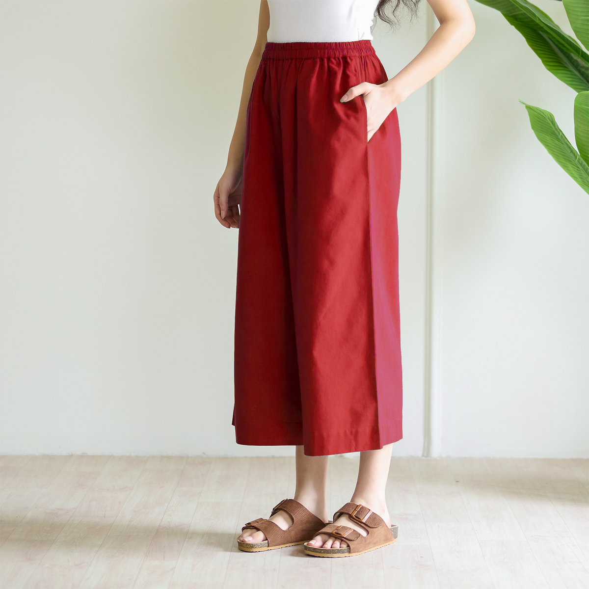High Waist Elasticated Cotton Culottes - Red