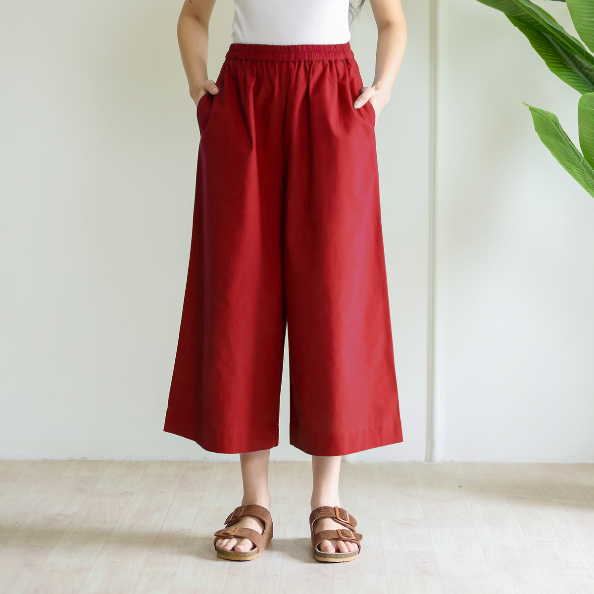 High Waist Elasticated Cotton Culottes - Red