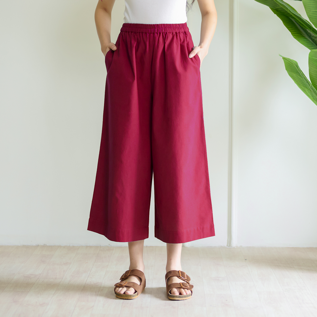 High Waist Elasticated Cotton Culottes - Fuschia
