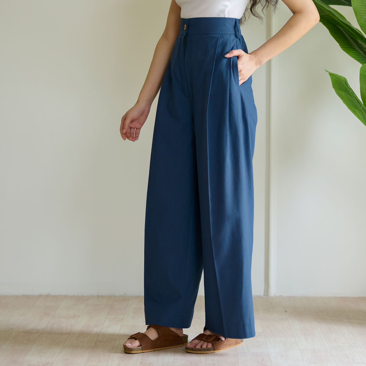 High Waist Pleated Cotton Trousers - Teal Blue