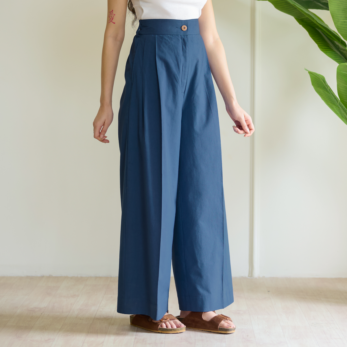 High Waist Pleated Cotton Trousers - Teal Blue