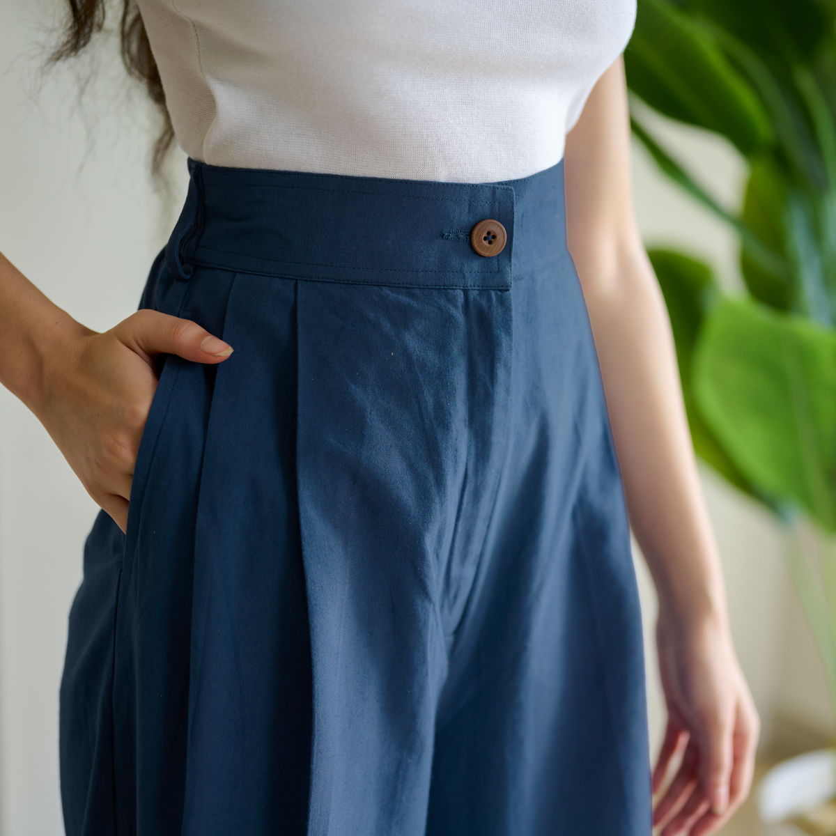 High Waist Pleated Cotton Trousers - Teal Blue