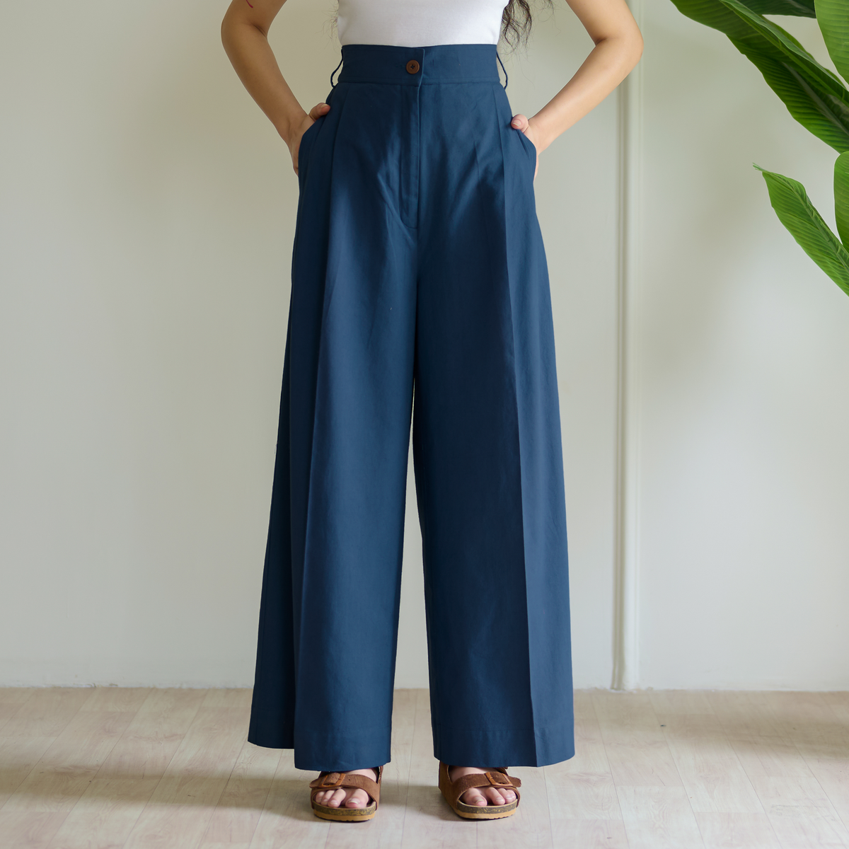 High Waist Pleated Cotton Trousers - Teal Blue
