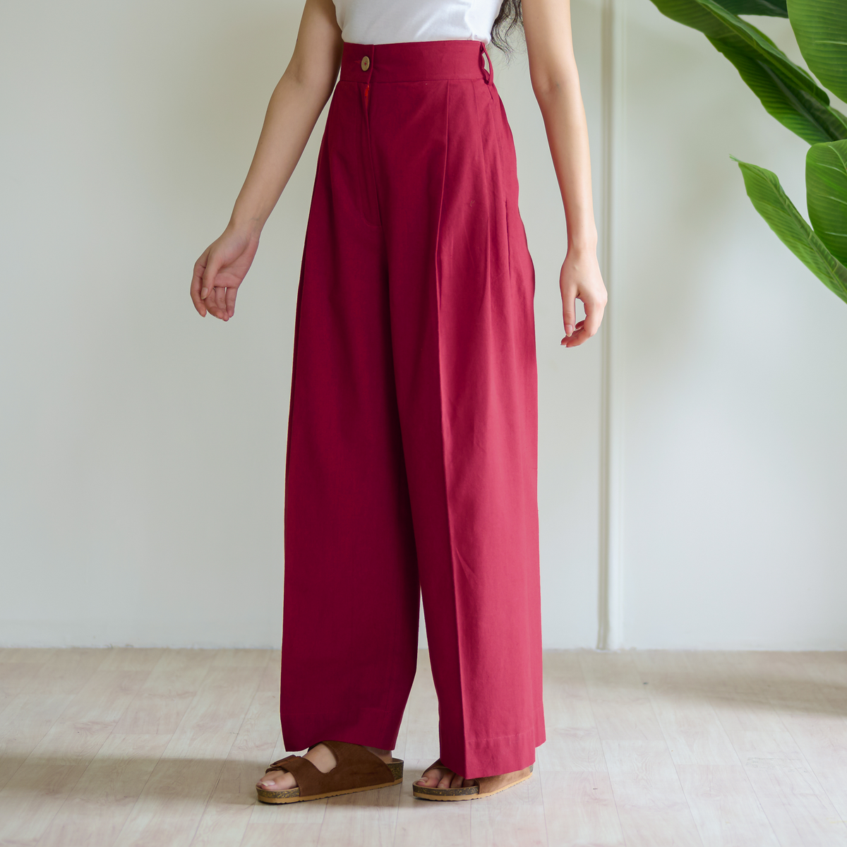 High Waist Pleated Cotton Trousers - Fuschia