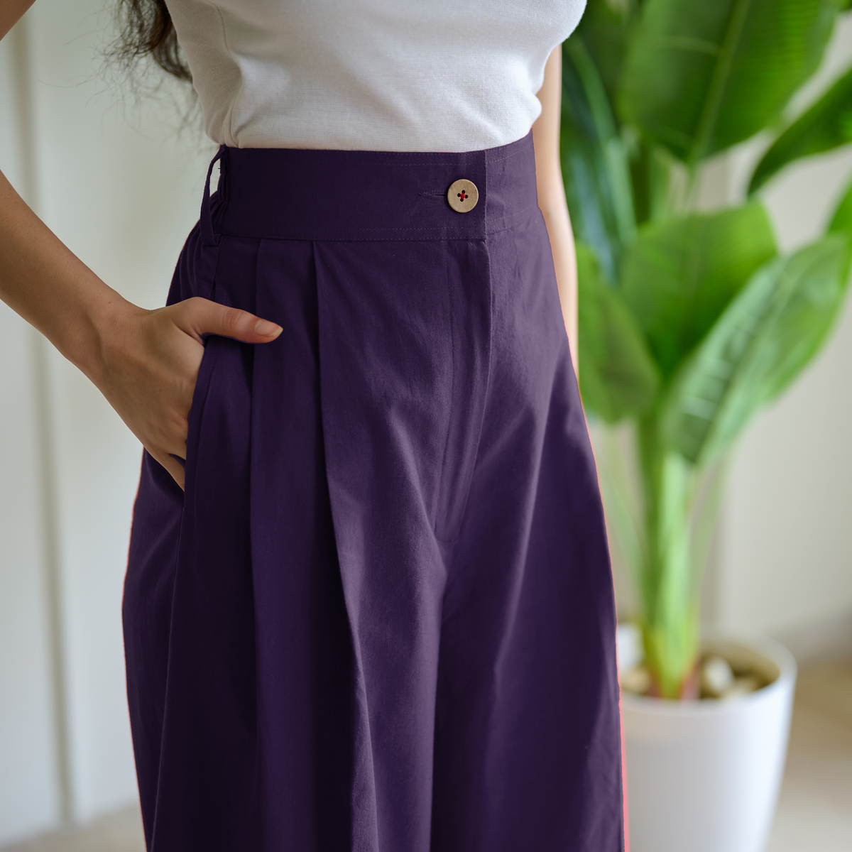 High Waist Pleated Cotton Trousers - Violet