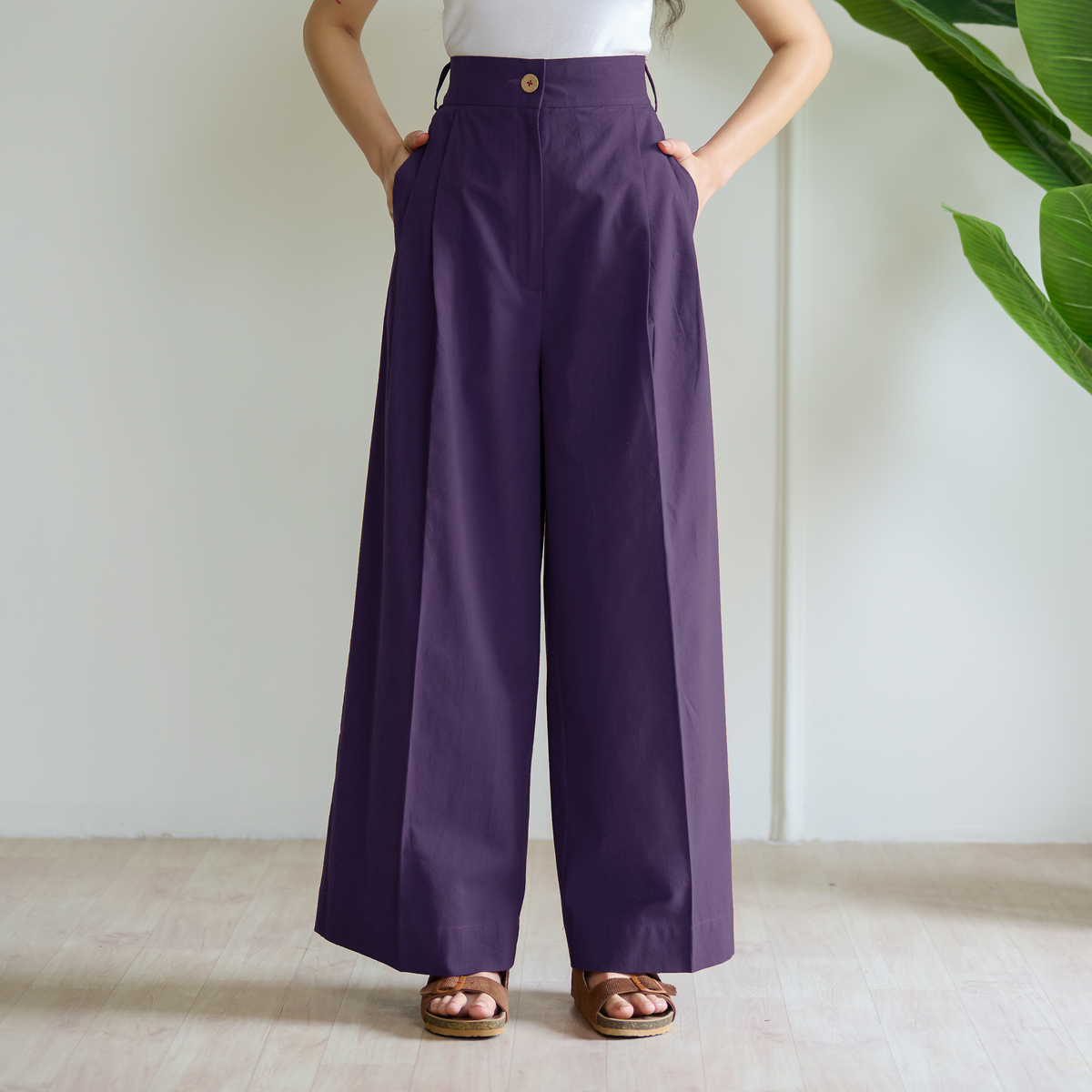 High Waist Pleated Cotton Trousers - Violet