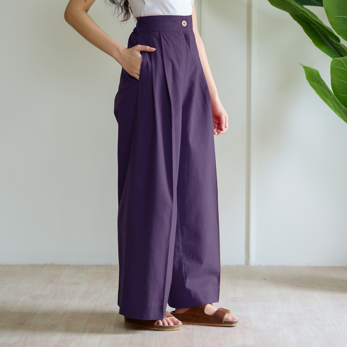 High Waist Pleated Cotton Trousers - Violet