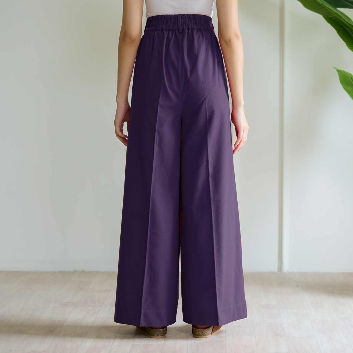 High Waist Pleated Cotton Trousers - Violet