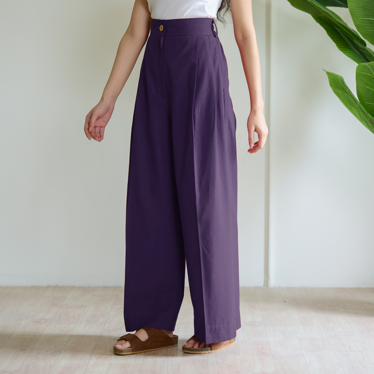 High Waist Pleated Cotton Trousers - Violet
