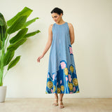 Mrinal Slub Cotton Summer Dress - Royal Blue