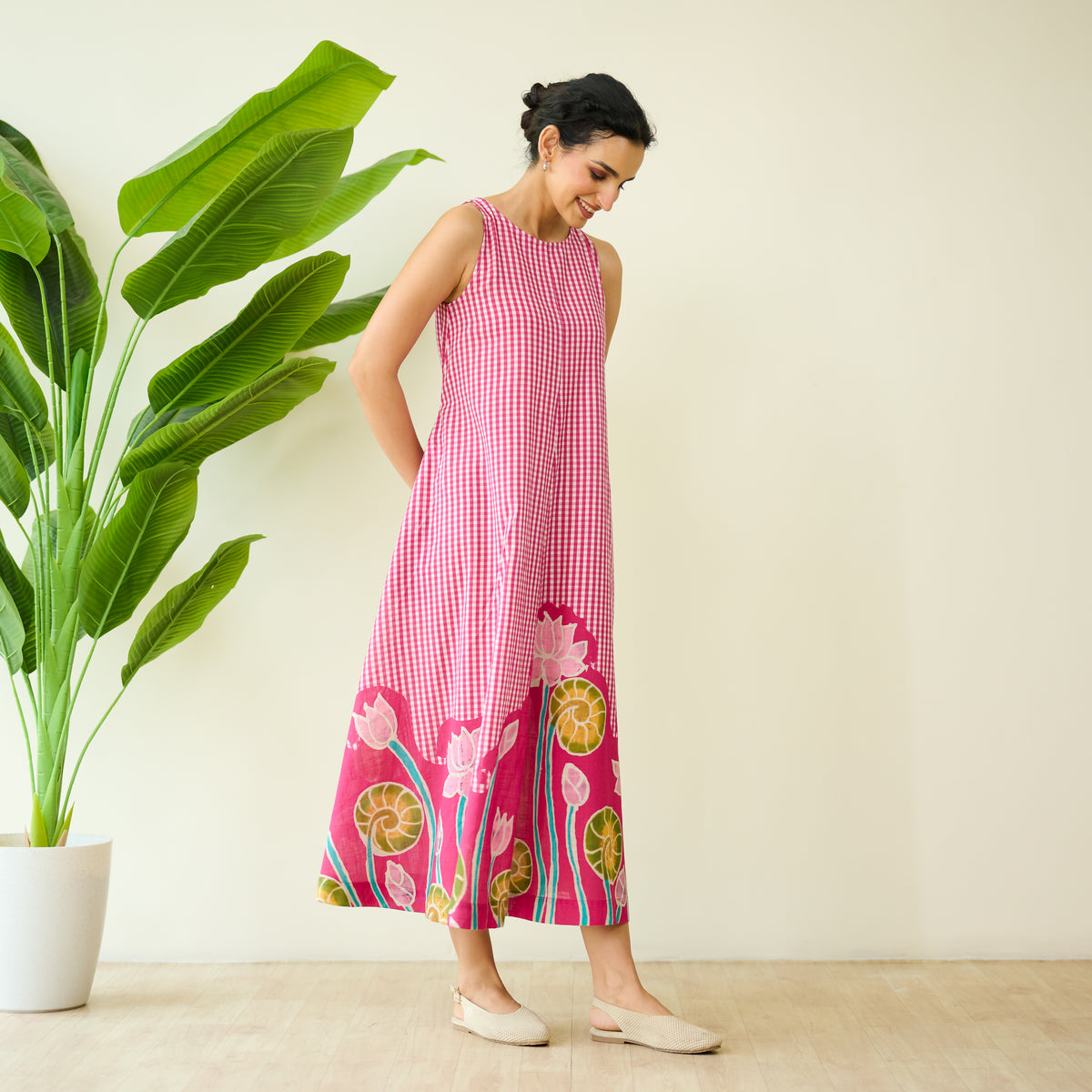 Mrinal Slub Cotton Summer Dress - Magenta