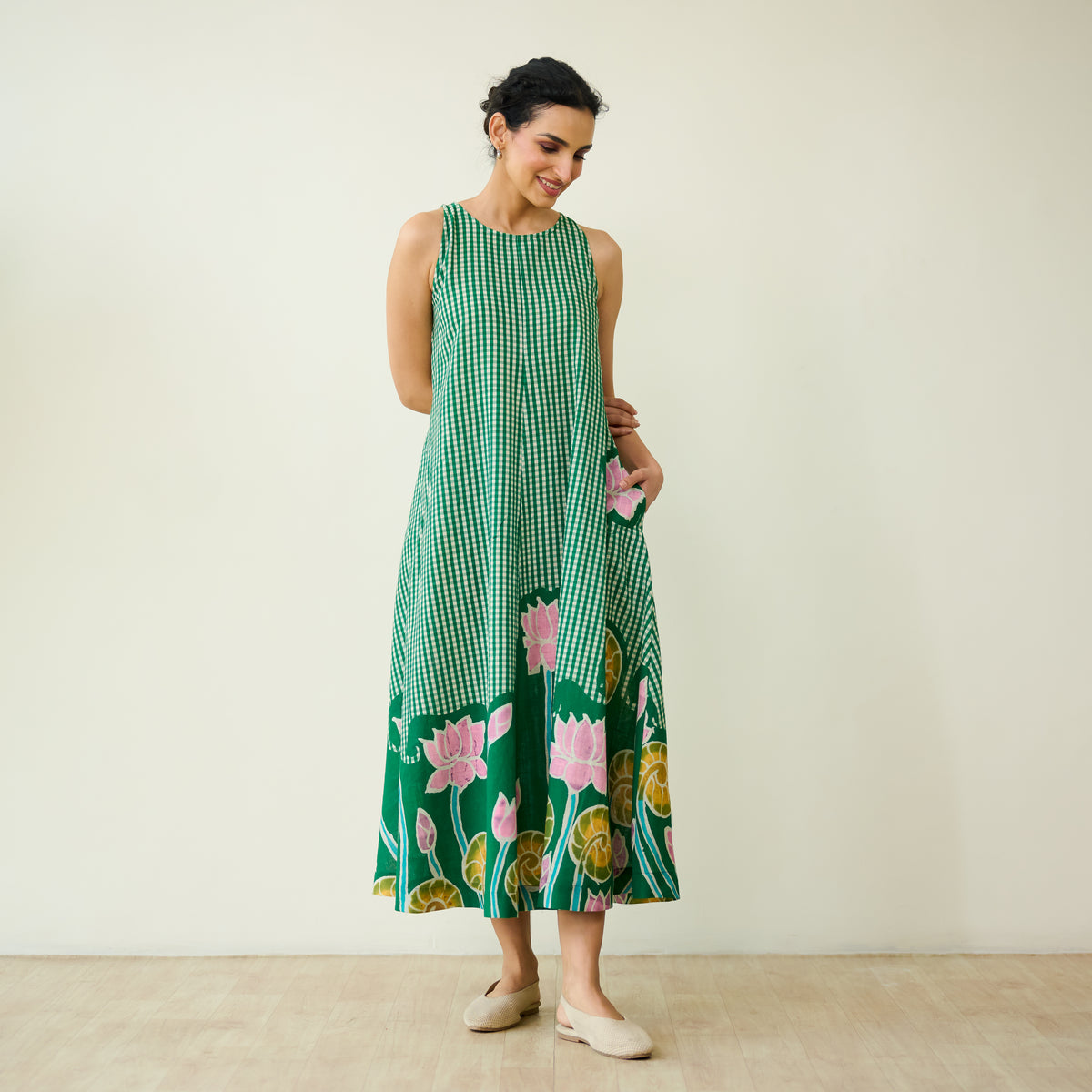 Mrinal Slub Cotton Summer Dress - Moss Green