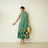 Mrinal Slub Cotton Summer Dress - Moss Green