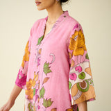 Vrinda Hand Embroidered Kota Doria Cotton Kurta - Pink