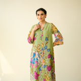 Vrinda Hand Embroidered Kota Doria Cotton Kurta - Pista Green