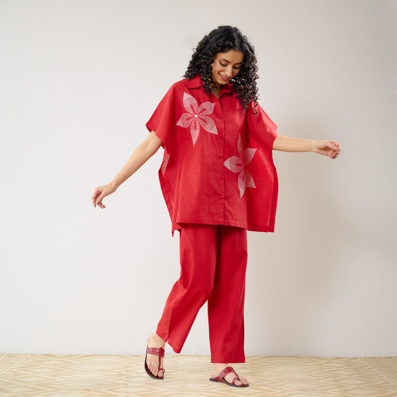 Dahlia Statement Embroidered Cotton Co-ord Set - Red