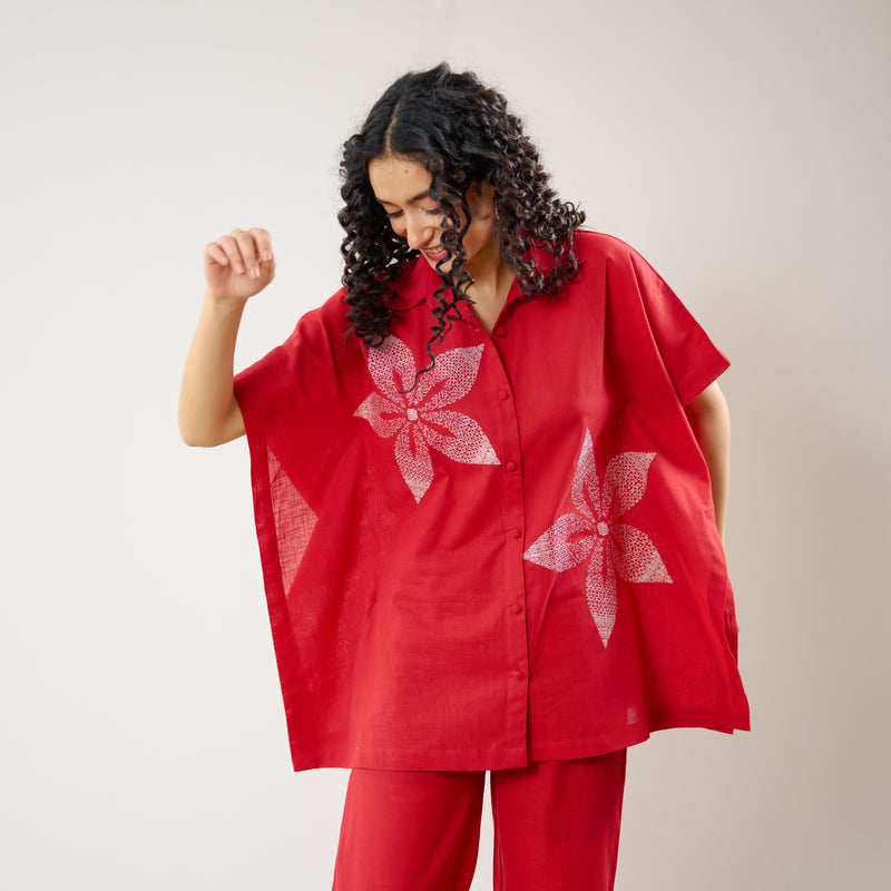 Dahlia Statement Embroidered Cotton Co-ord Set - Red