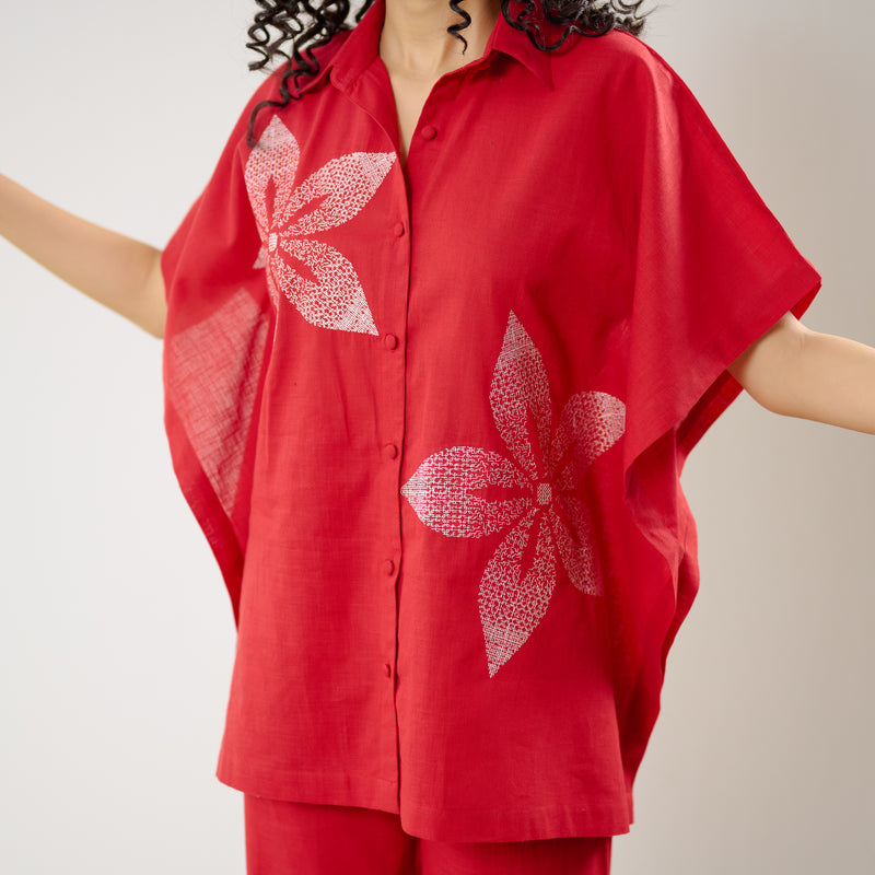 Dahlia Statement Embroidered Cotton Co-ord Set - Red