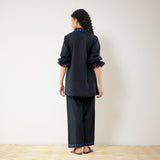 Flounce Sleeved Embroidered Slub Cotton Co-ord Set - Black