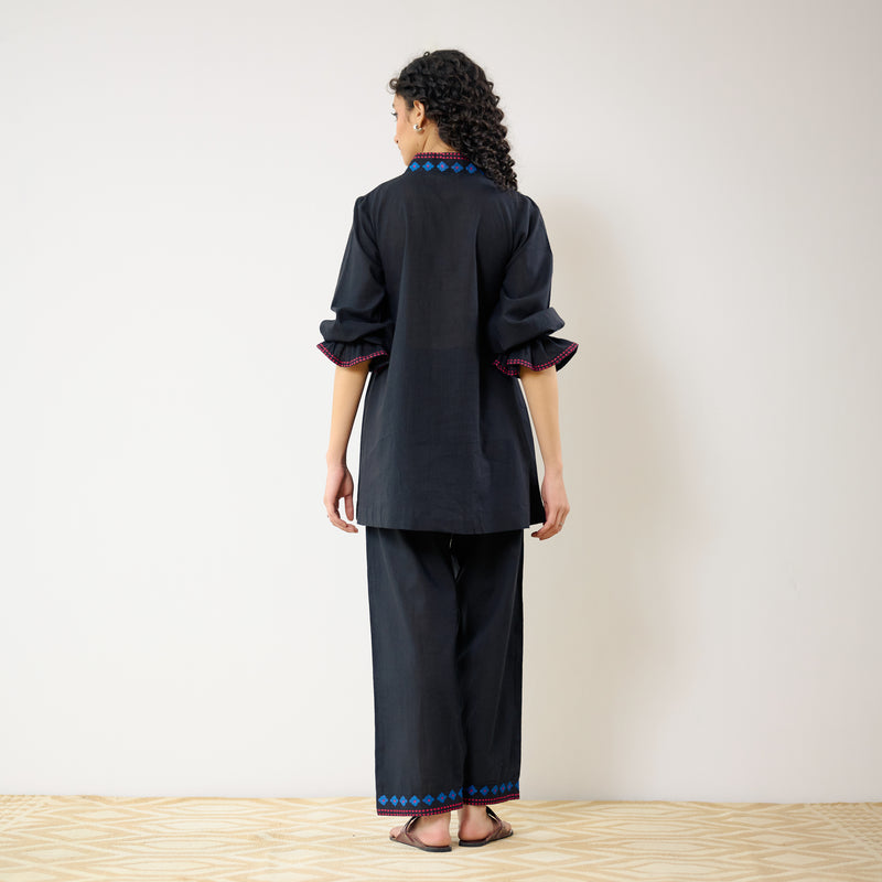 Flounce Sleeved Embroidered Slub Cotton Co-ord Set - Black