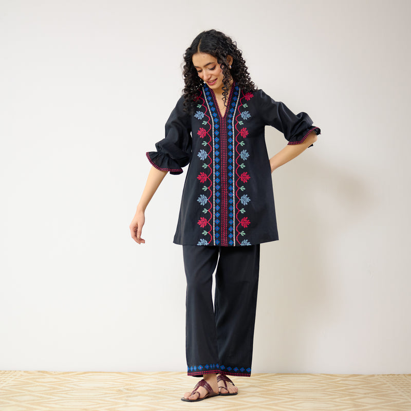 Flounce Sleeved Embroidered Slub Cotton Co-ord Set - Black