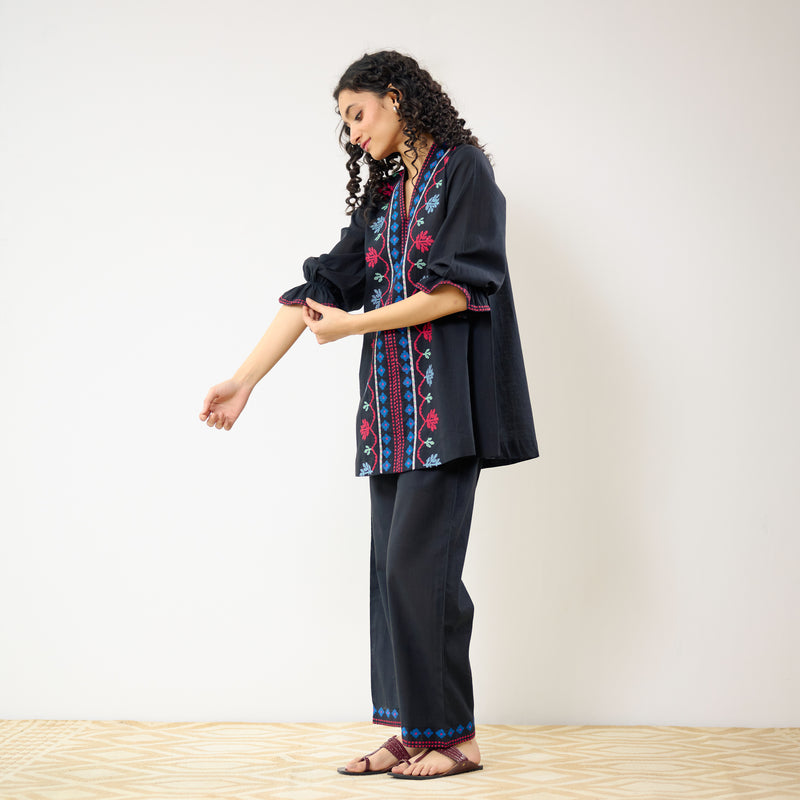 Flounce Sleeved Embroidered Slub Cotton Co-ord Set - Black