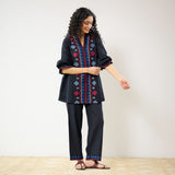 Flounce Sleeved Embroidered Slub Cotton Co-ord Set - Black