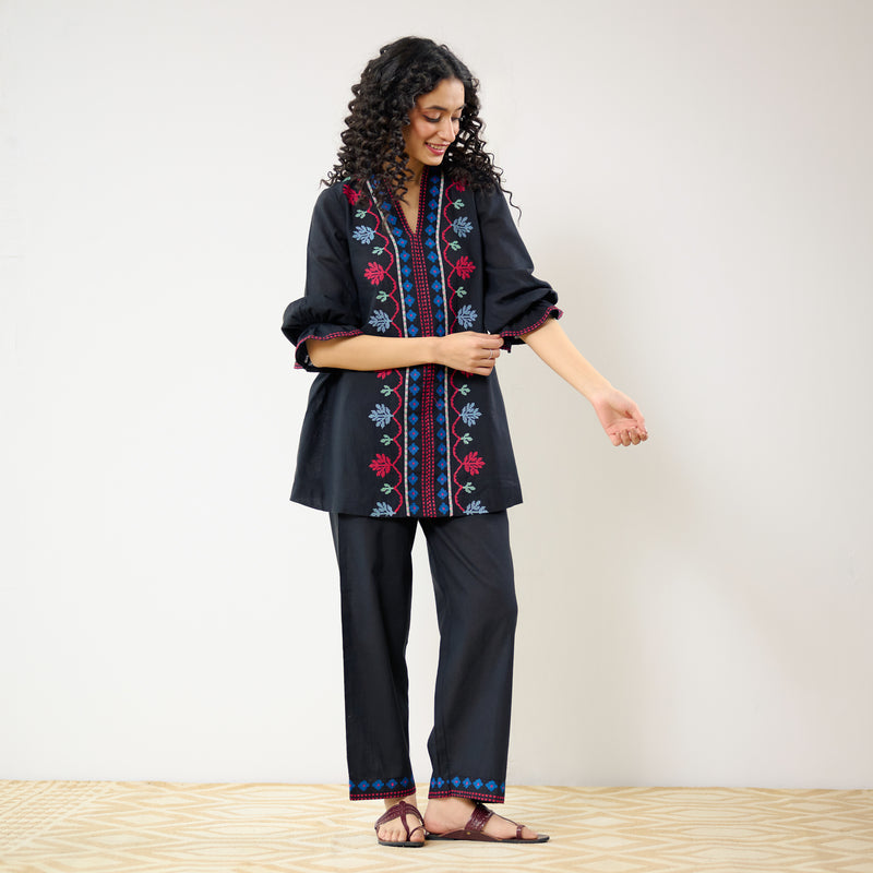 Flounce Sleeved Embroidered Slub Cotton Co-ord Set - Black