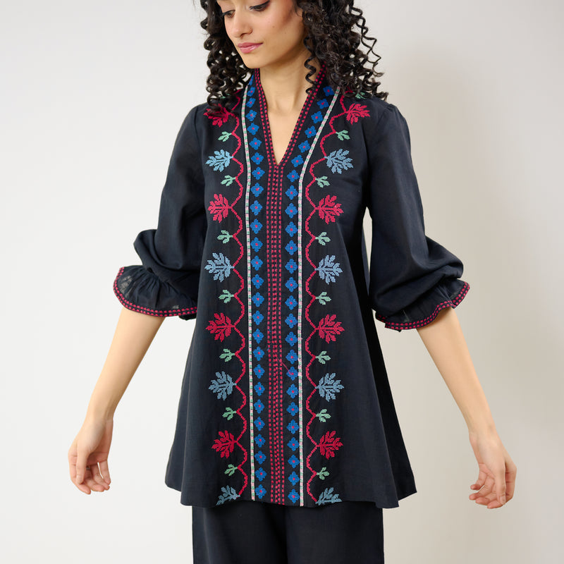 Flounce Sleeved Embroidered Slub Cotton Co-ord Set - Black