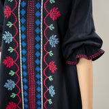 Flounce Sleeved Embroidered Slub Cotton Co-ord Set - Black