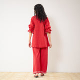 Flounce Sleeved Embroidered Slub Cotton Co-ord Set - Red
