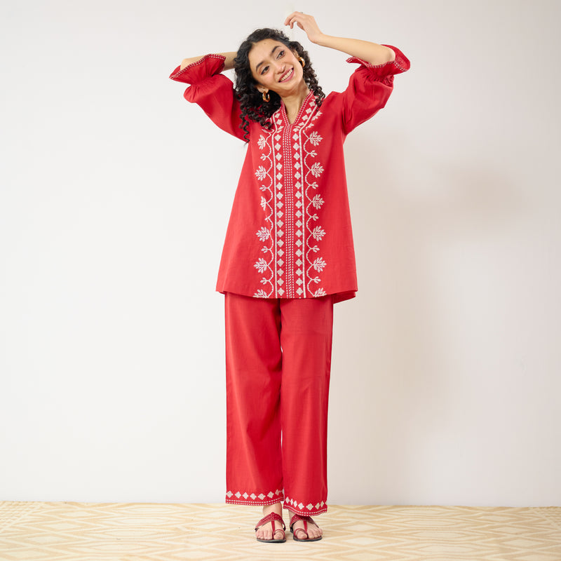 Flounce Sleeved Embroidered Slub Cotton Co-ord Set - Red