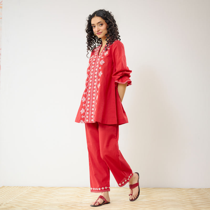 Flounce Sleeved Embroidered Slub Cotton Co-ord Set - Red