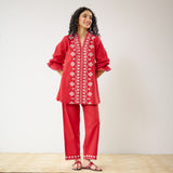 Flounce Sleeved Embroidered Slub Cotton Co-ord Set - Red