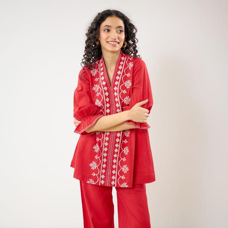 Flounce Sleeved Embroidered Slub Cotton Co-ord Set - Red
