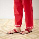 Flounce Sleeved Embroidered Slub Cotton Co-ord Set - Red