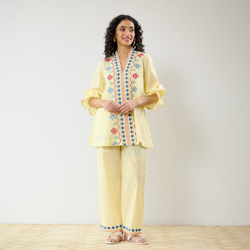 Flounce Sleeved Embroidered Slub Cotton Co-ord Set - Mango Yellow