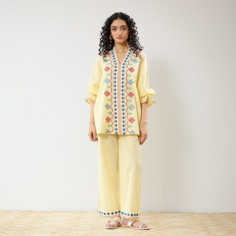 Flounce Sleeved Embroidered Slub Cotton Co-ord Set - Mango Yellow