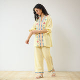 Flounce Sleeved Embroidered Slub Cotton Co-ord Set - Mango Yellow