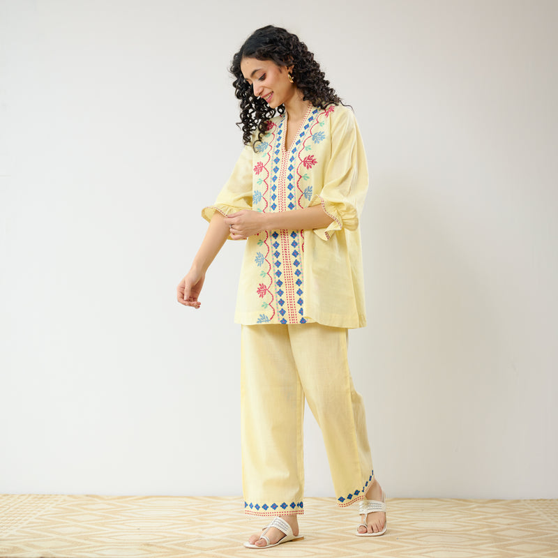 Flounce Sleeved Embroidered Slub Cotton Co-ord Set - Mango Yellow