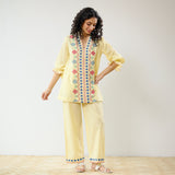 Flounce Sleeved Embroidered Slub Cotton Co-ord Set - Mango Yellow