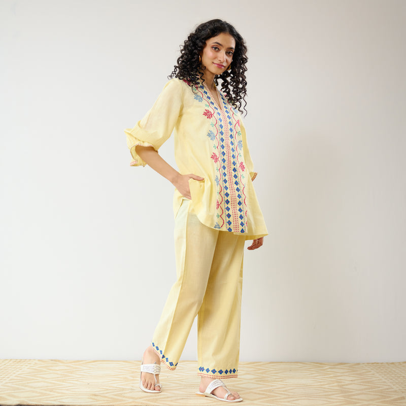 Flounce Sleeved Embroidered Slub Cotton Co-ord Set - Mango Yellow