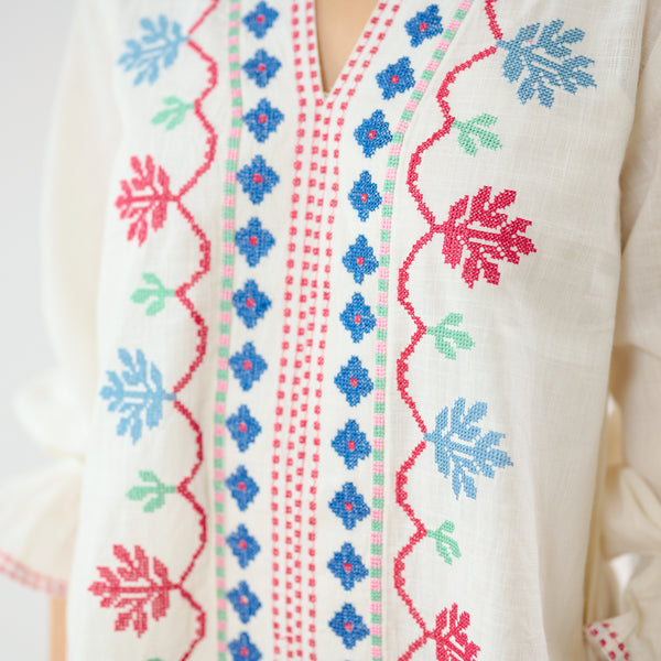 Flounce Sleeved Embroidered Slub Cotton Co-ord Set - White
