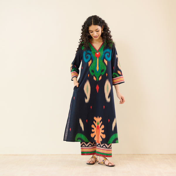 Loomlight Slub Cotton Ikat Inspired Kurta Set - Black